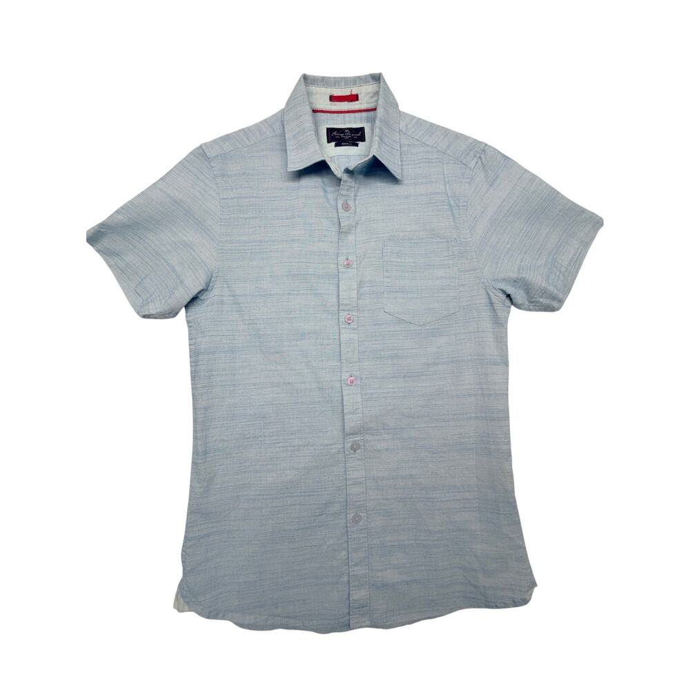 Across the Pond Small Blue Linen Blend Button Front Short Sleeve Shirt Pocket